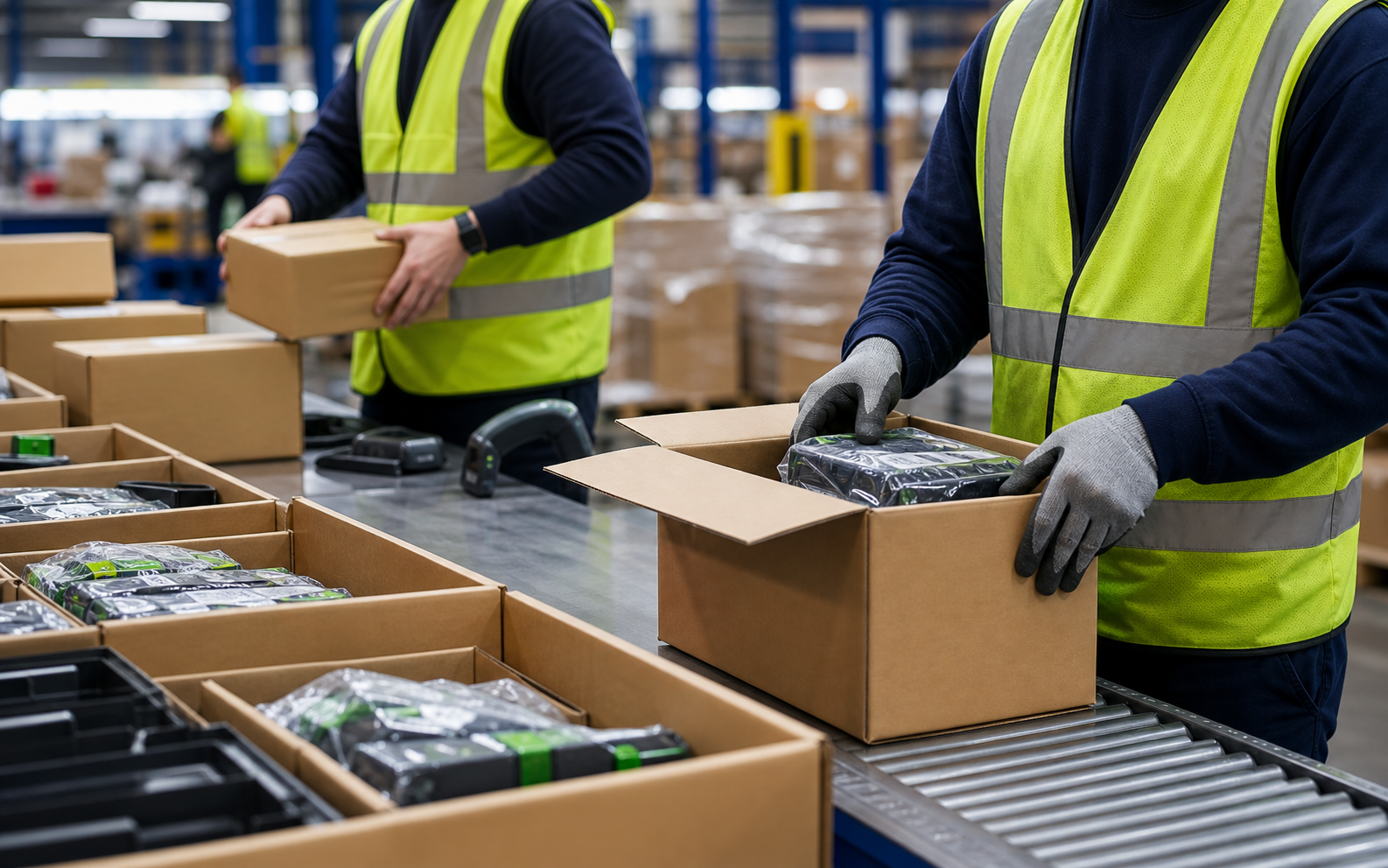 Conceptual photo of packaging and sorting workers