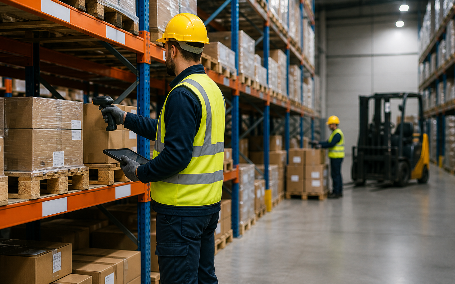 Conceptual Swiss market warehouse work scene